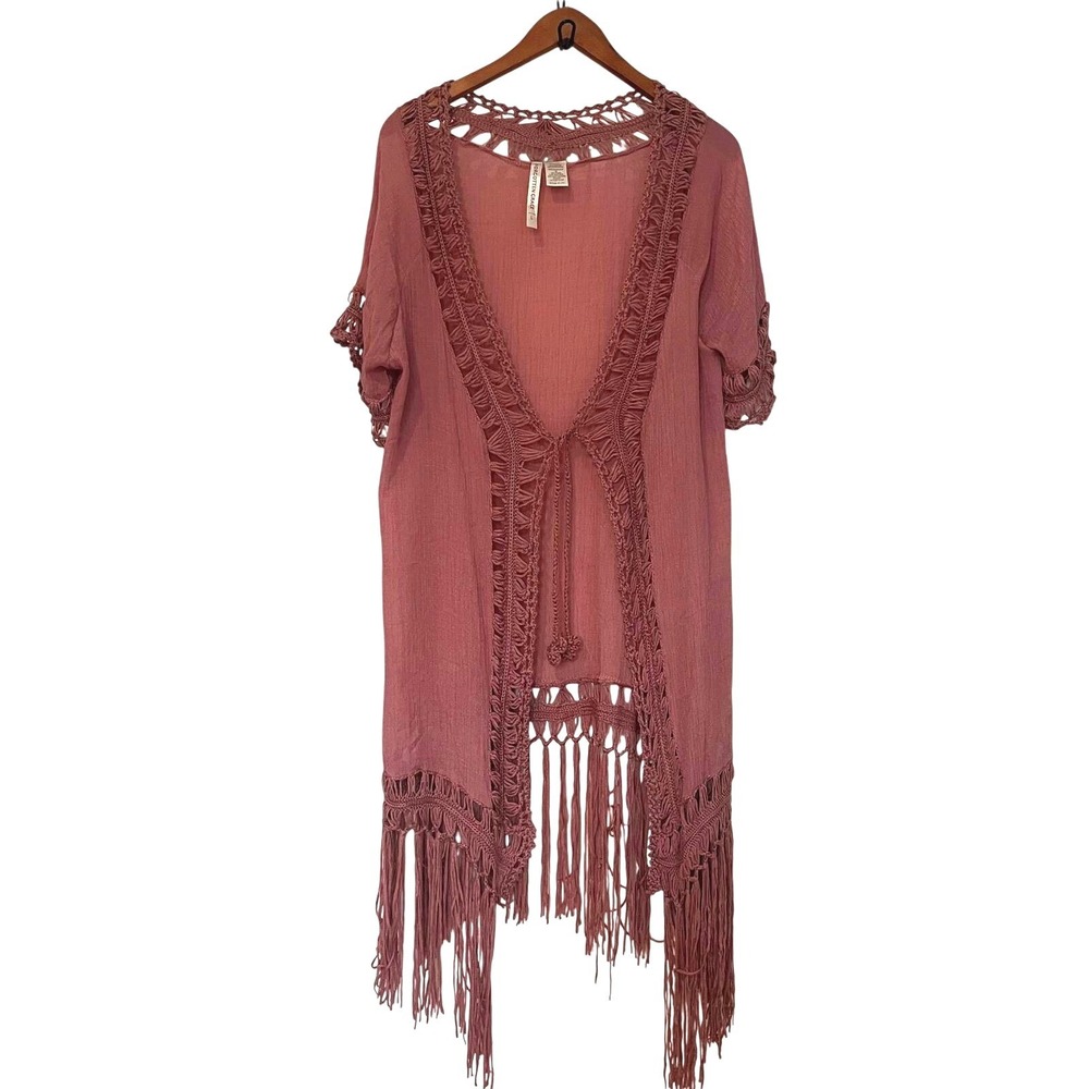 Forgotten Grace Pink Crochet‎ Fringe Kimono Cardigan Duster Large Boho Festival